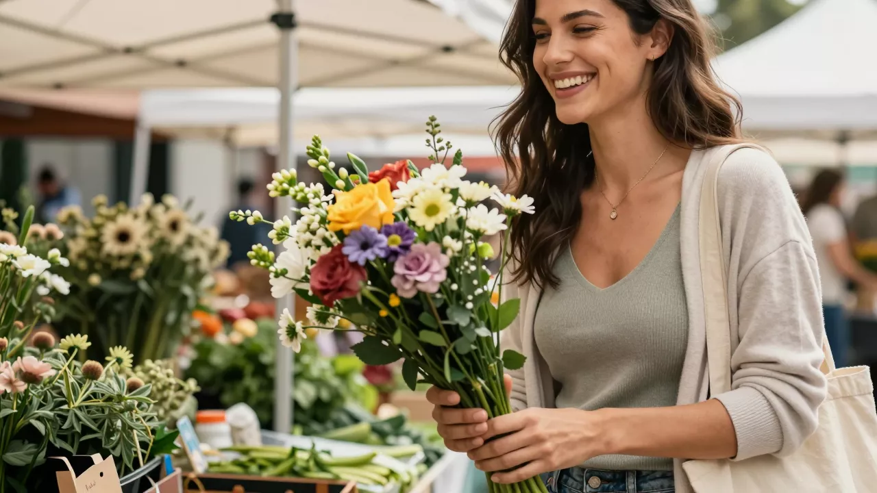 Woman laughing while holding a bunch of flowers at a farmers' market