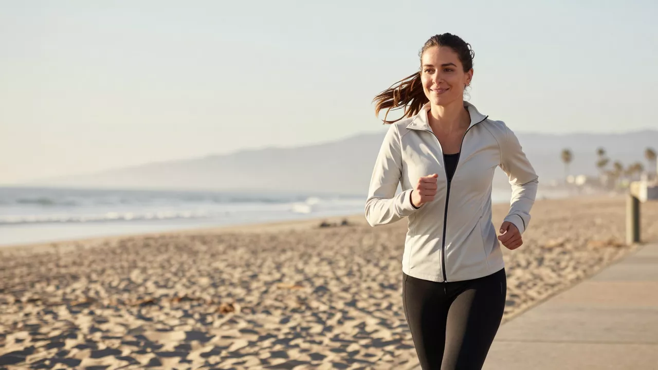 Woman jogging along the Santa Monica beach path in the early morning