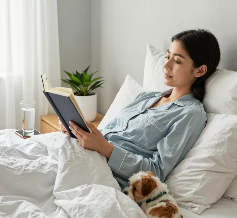 Woman reading in bed with her dog while recovering at home