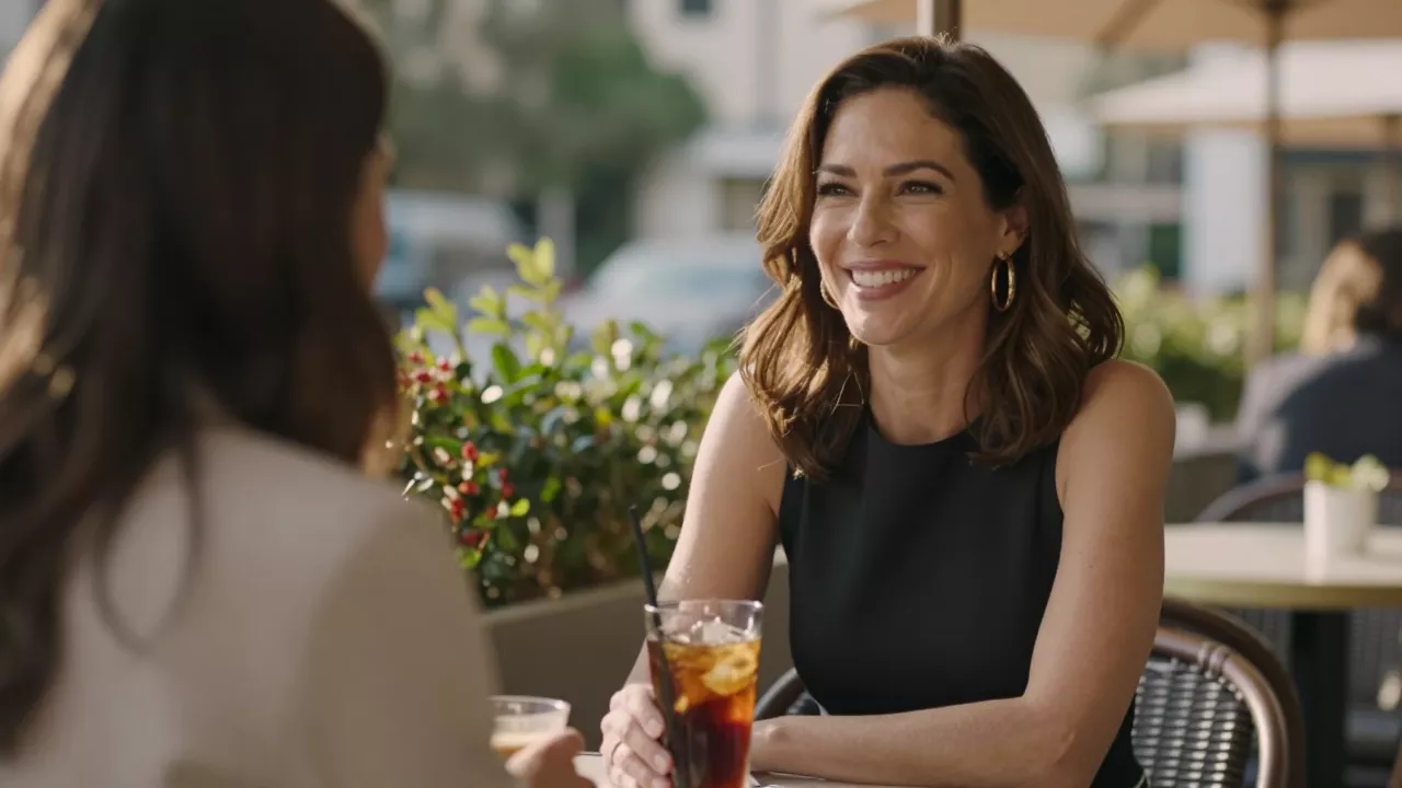 Woman laughing with a friend at a sunlit outdoor cafe