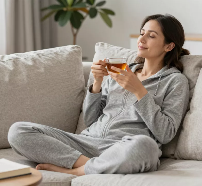 Woman resting on a sofa with a cup of tea while recovering at home