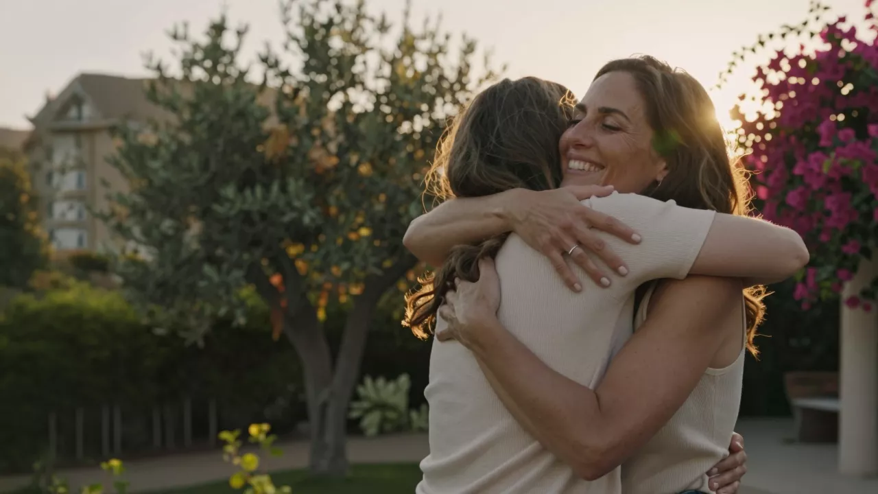 Woman sharing a warm hug, representing the emotional benefits of capsular contracture treatment