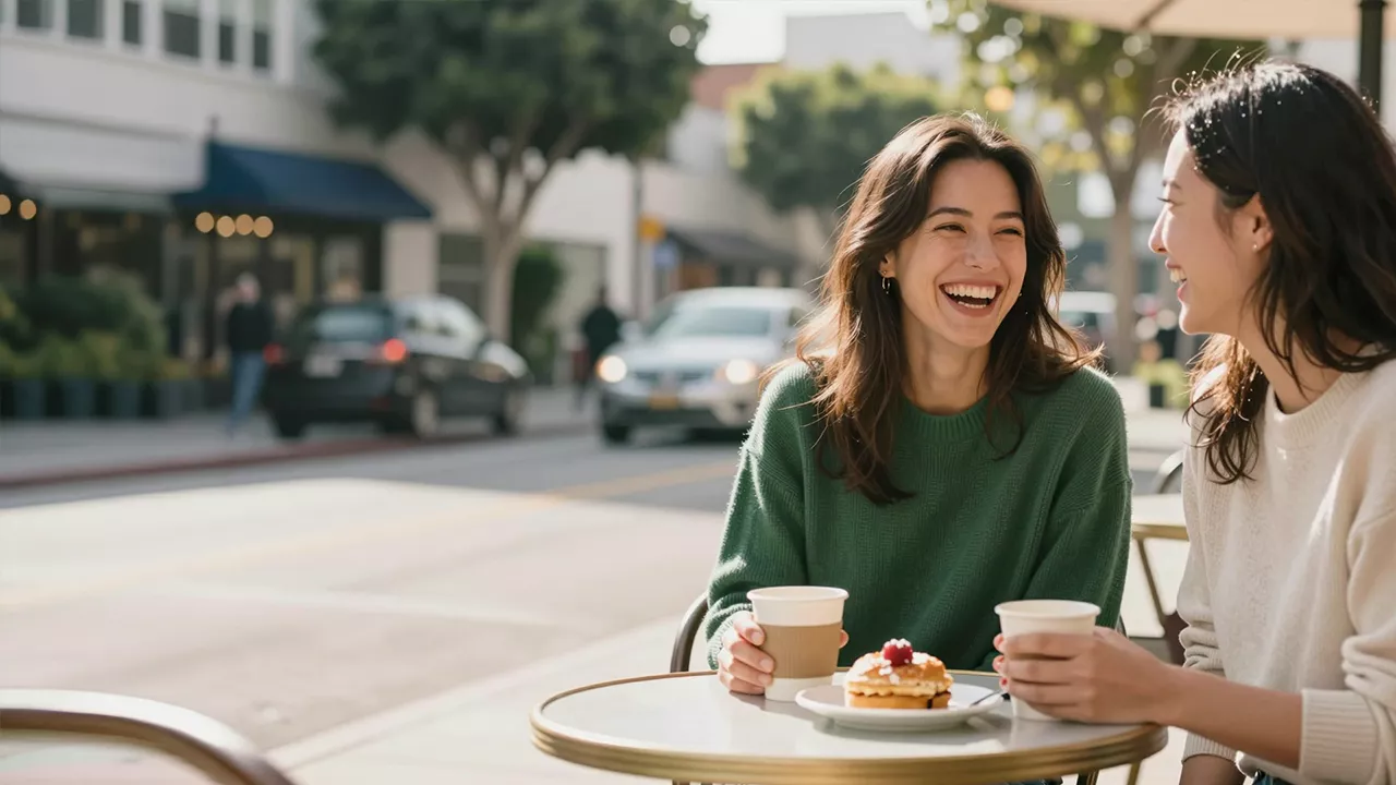 Woman laughing with a friend at an outdoor café table