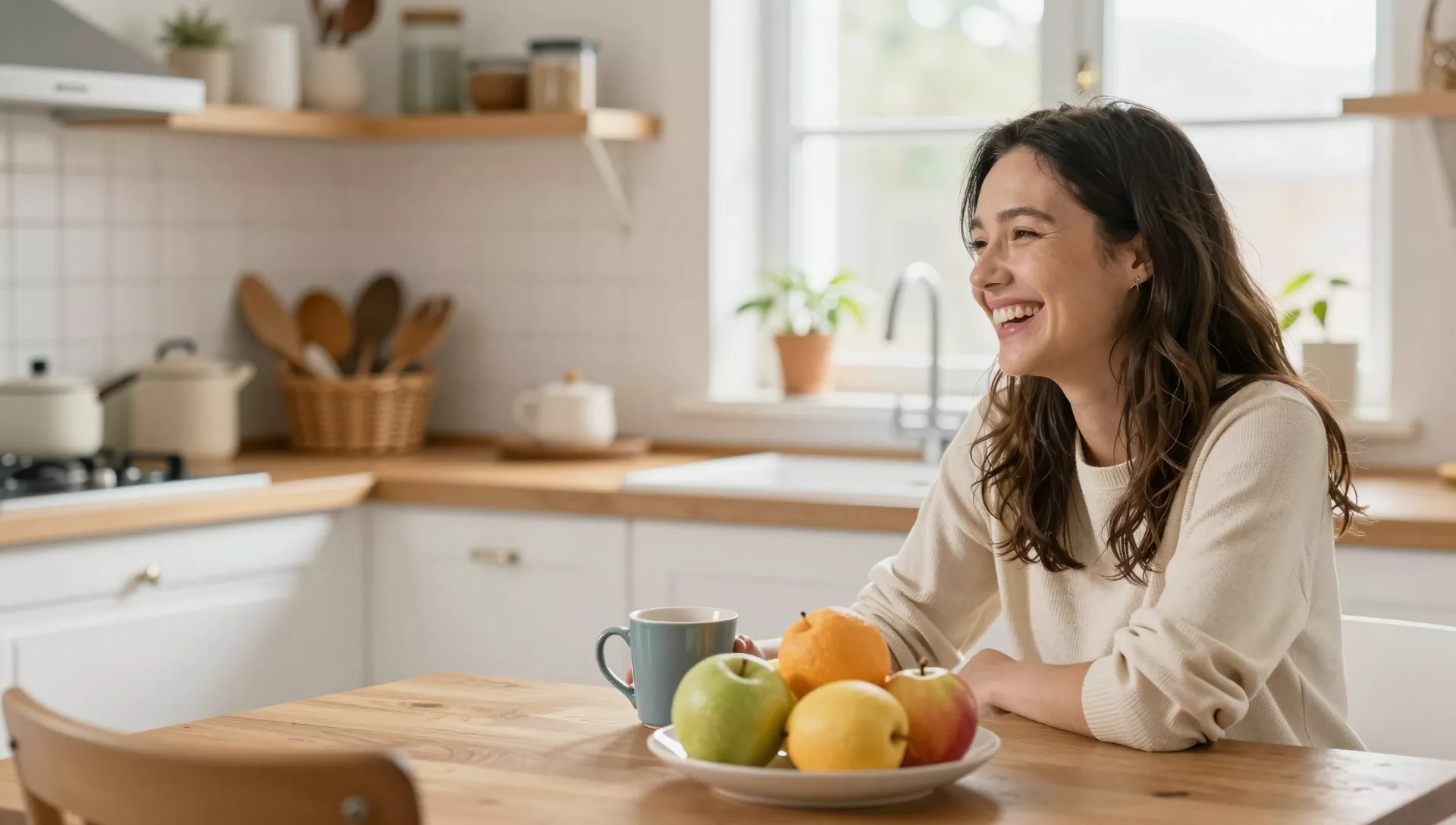 Woman laughing at a sunny kitchen table