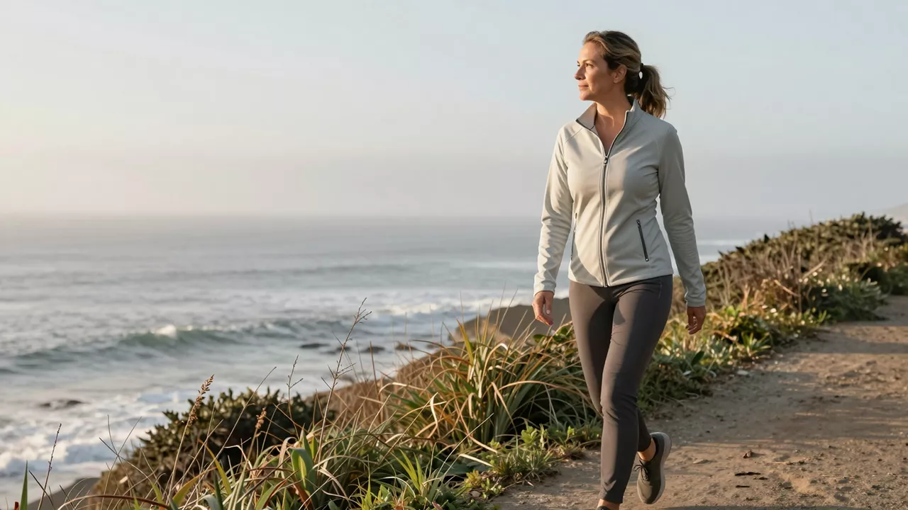 Woman walking along a coastal path in the morning