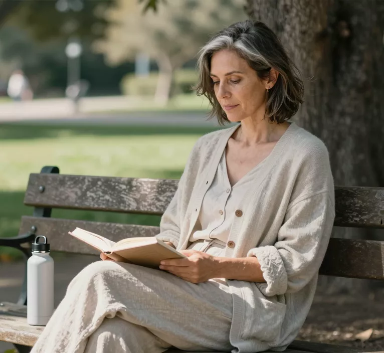 Woman resting on a shaded park bench with a book
